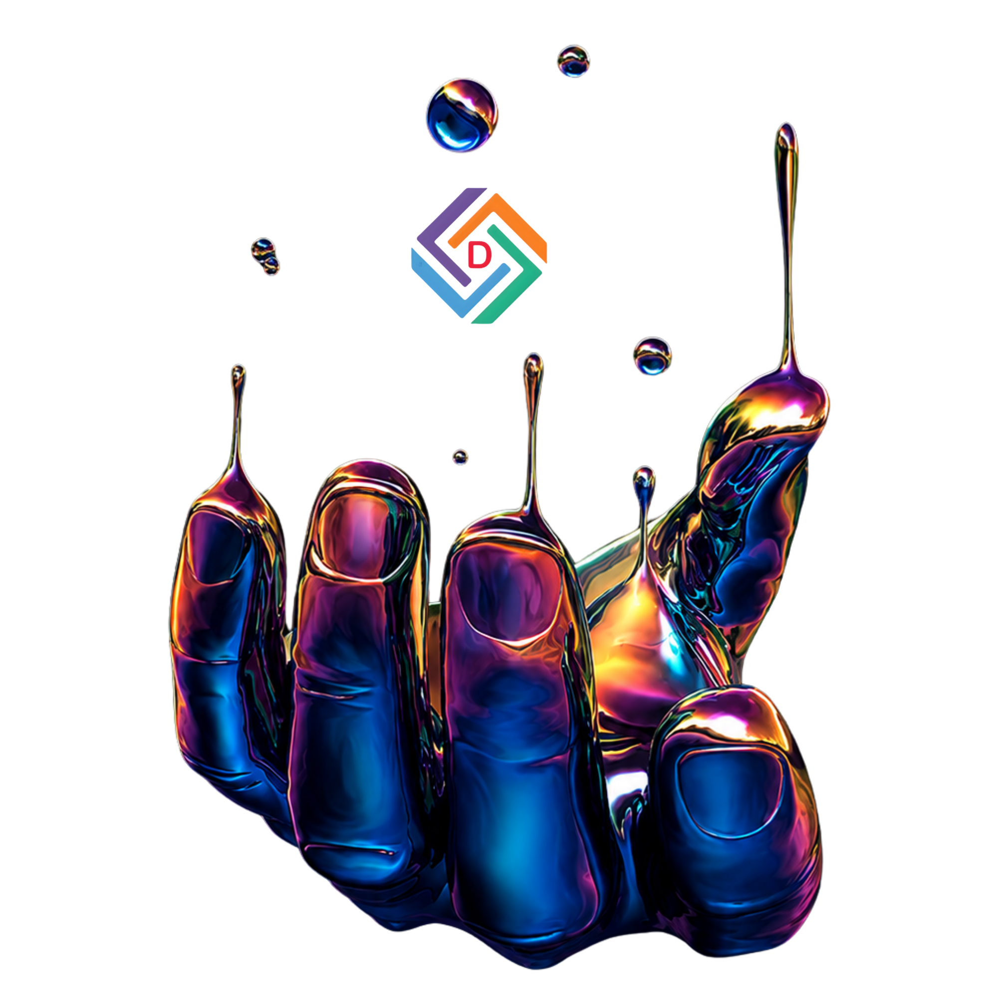 3D illustration by dhumi featuring a liquid chrome hand dripping upward toward floating iridescent bubbles on a black background.